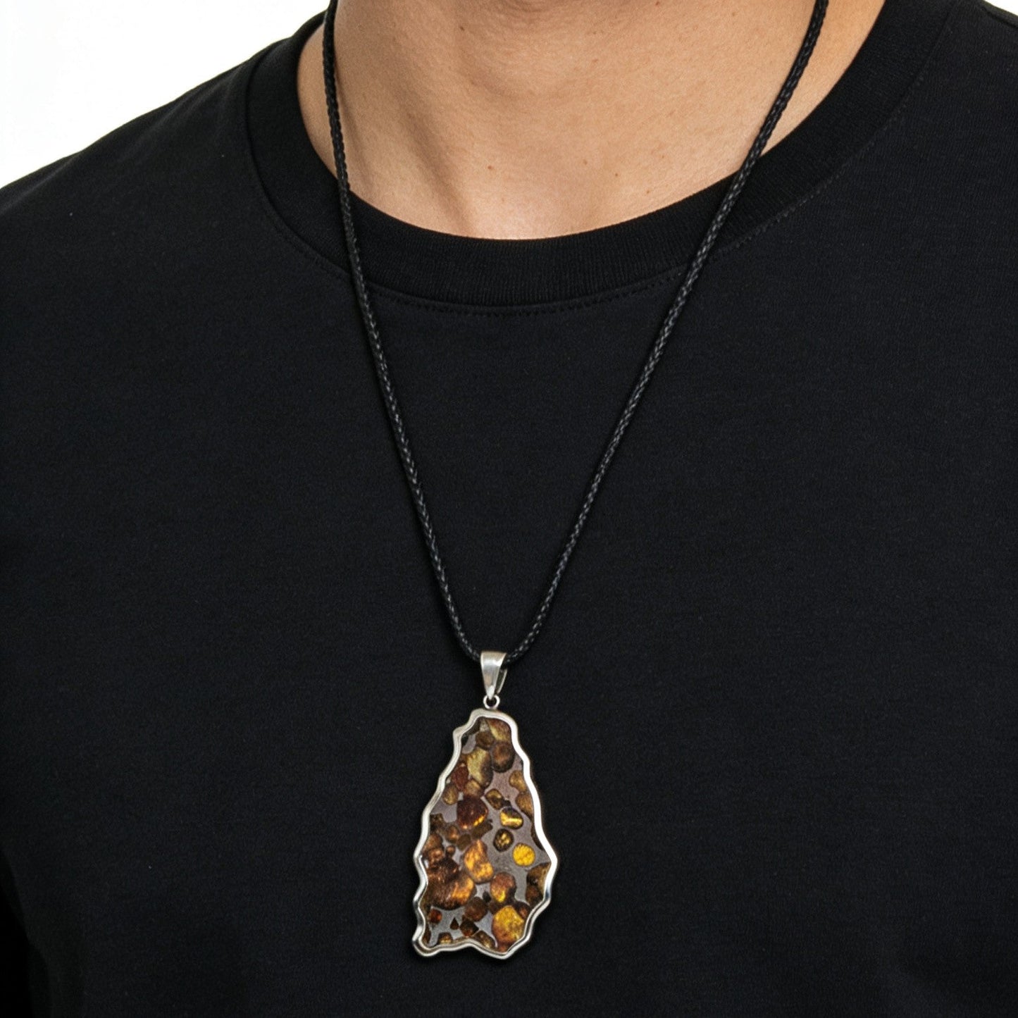 Pallasite Meteorite Pendant, Olive Green Crystal, Stainless Steel