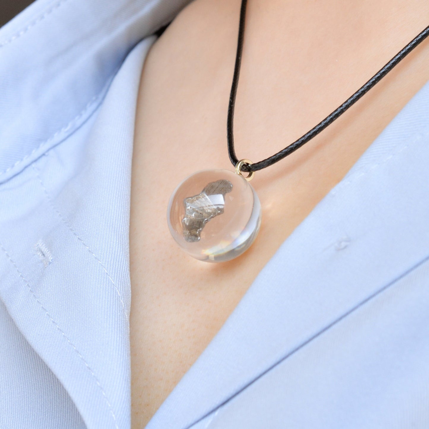 Meteorite Crystal Ball pendant,Campo Del Cielo iron meteorite Inside Crystal Ball,Outer Space Gift
