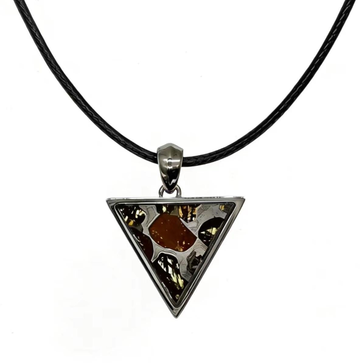 Pallasite Meteorite Triangle Pendant – Cosmic Olivine Crystal Jewelry, Outer Space Gift