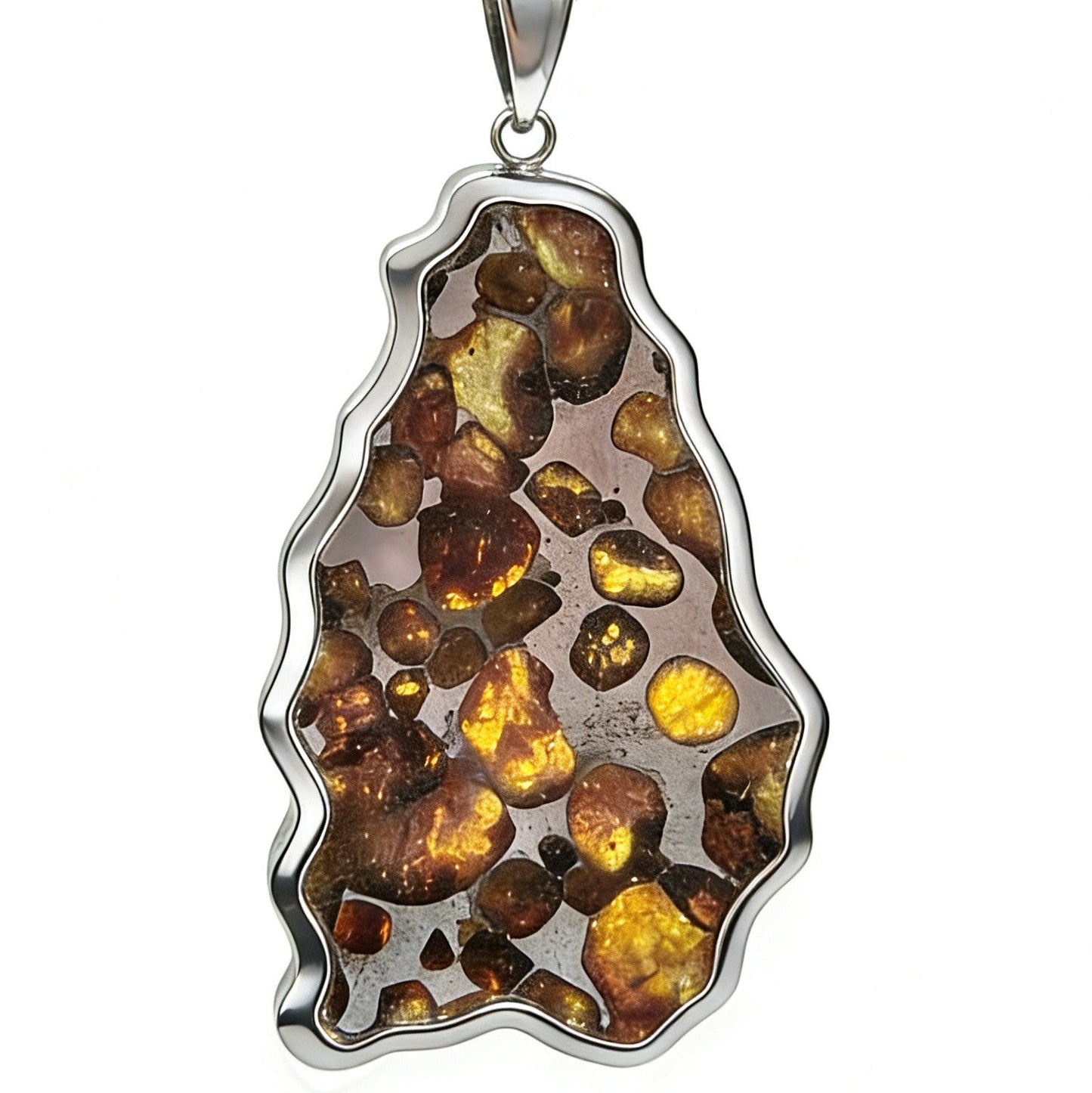 Pallasite Meteorite Pendant, Olive Green Crystal, Stainless Steel