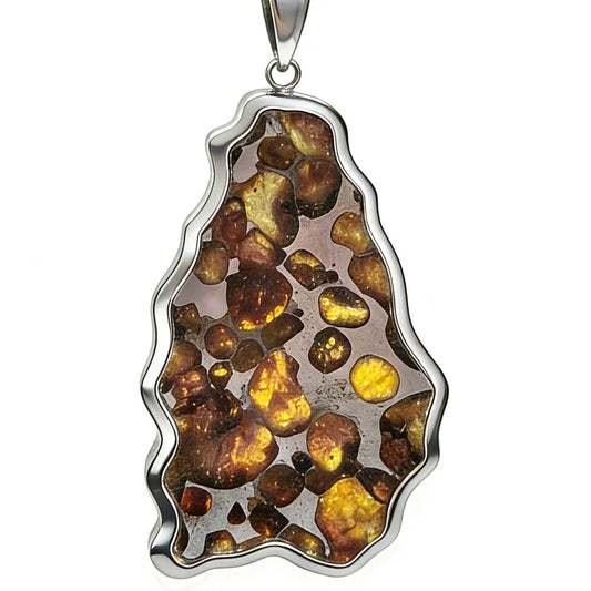 Pallasite Meteorite Pendant, Olive Green Crystal, Stainless Steel