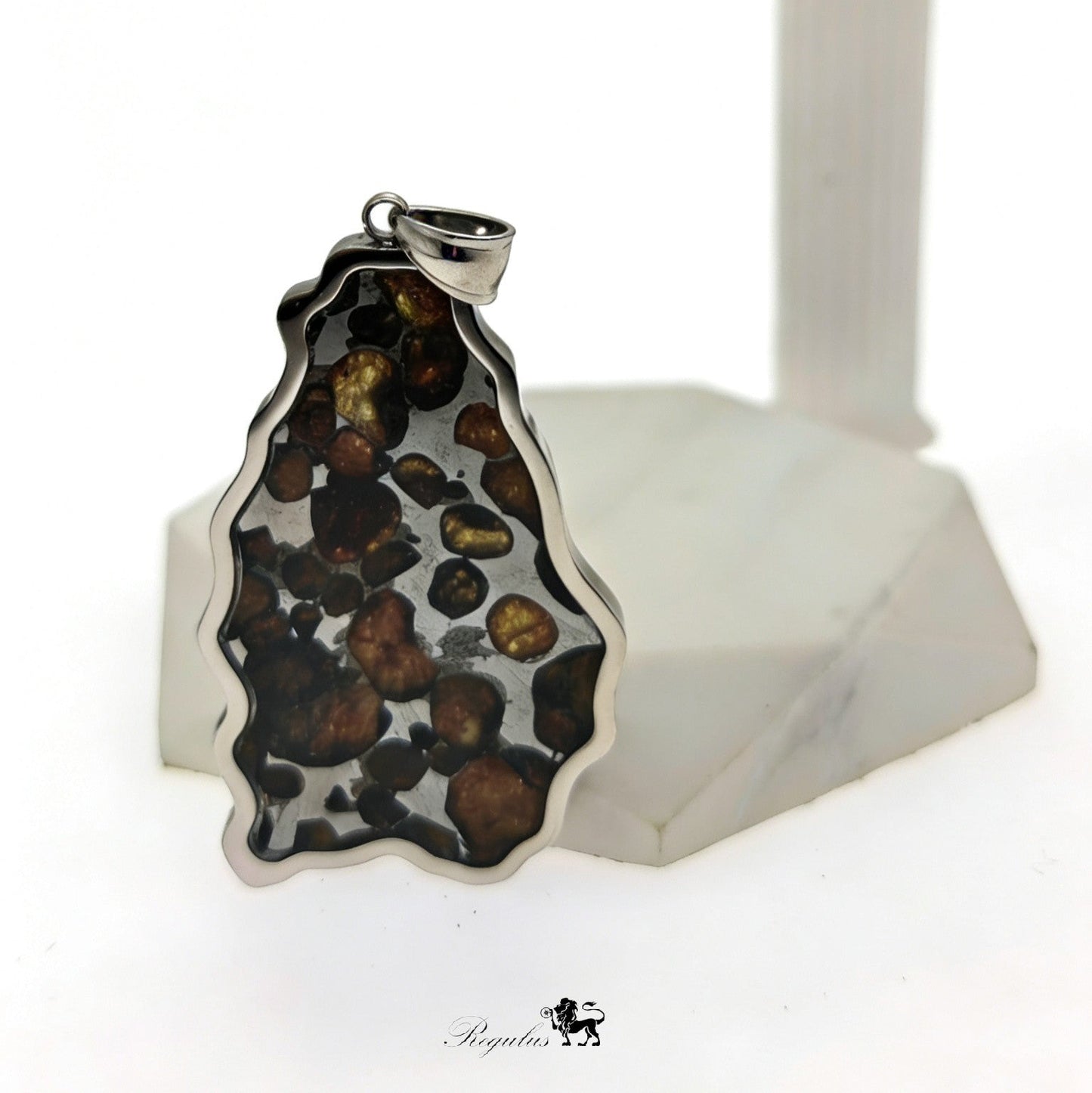 Pallasite Meteorite Pendant, Olive Green Crystal, Stainless Steel