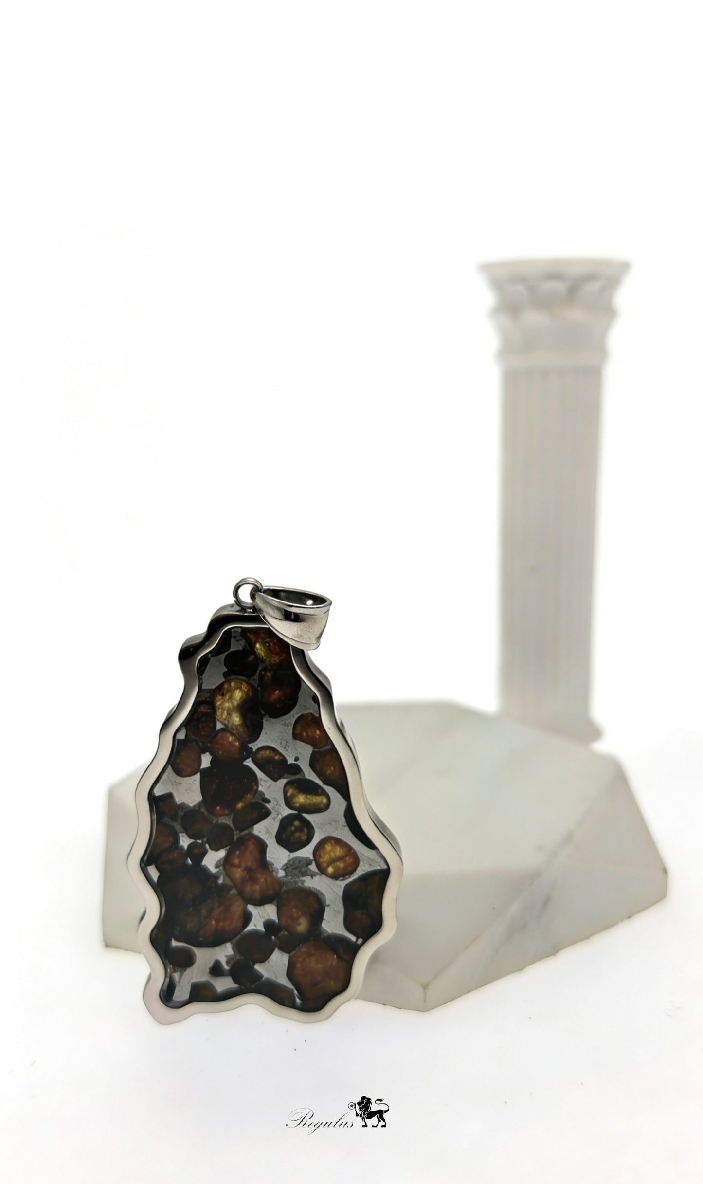 Pallasite Meteorite Pendant, Olive Green Crystal, Stainless Steel
