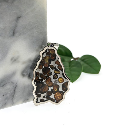 Pallasite Meteorite Pendant, Olive Green Crystal, Stainless Steel