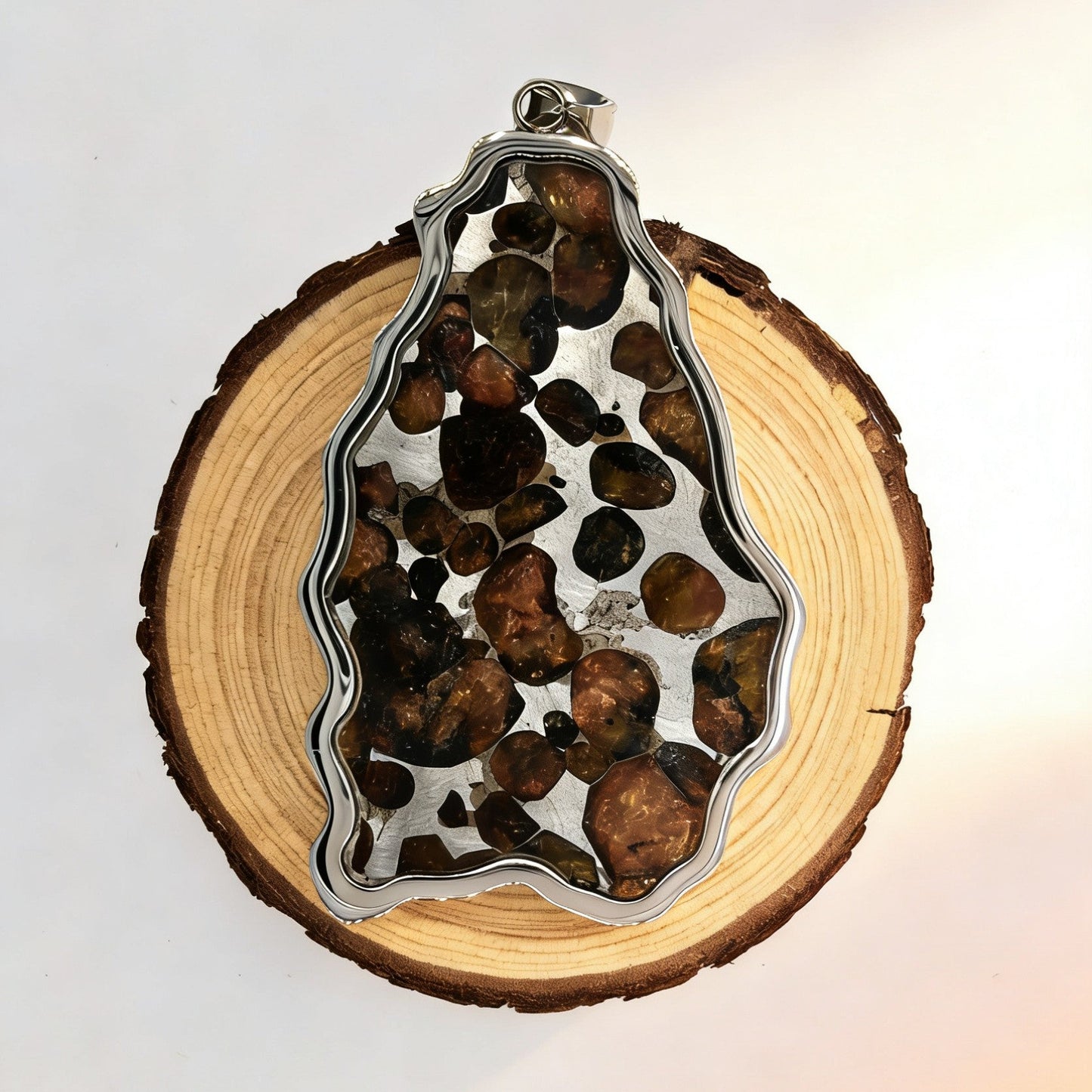 Pallasite Meteorite Pendant, Olive Green Crystal, Stainless Steel
