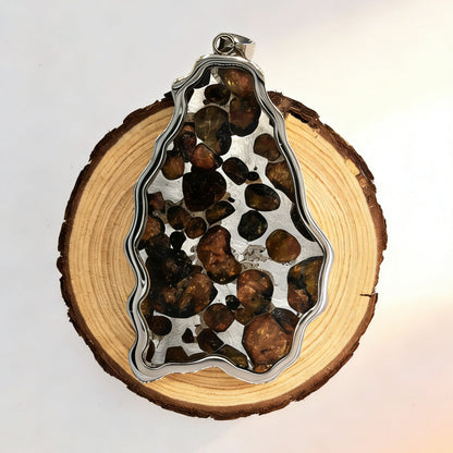 Pallasite Meteorite Pendant, Olive Green Crystal, Stainless Steel