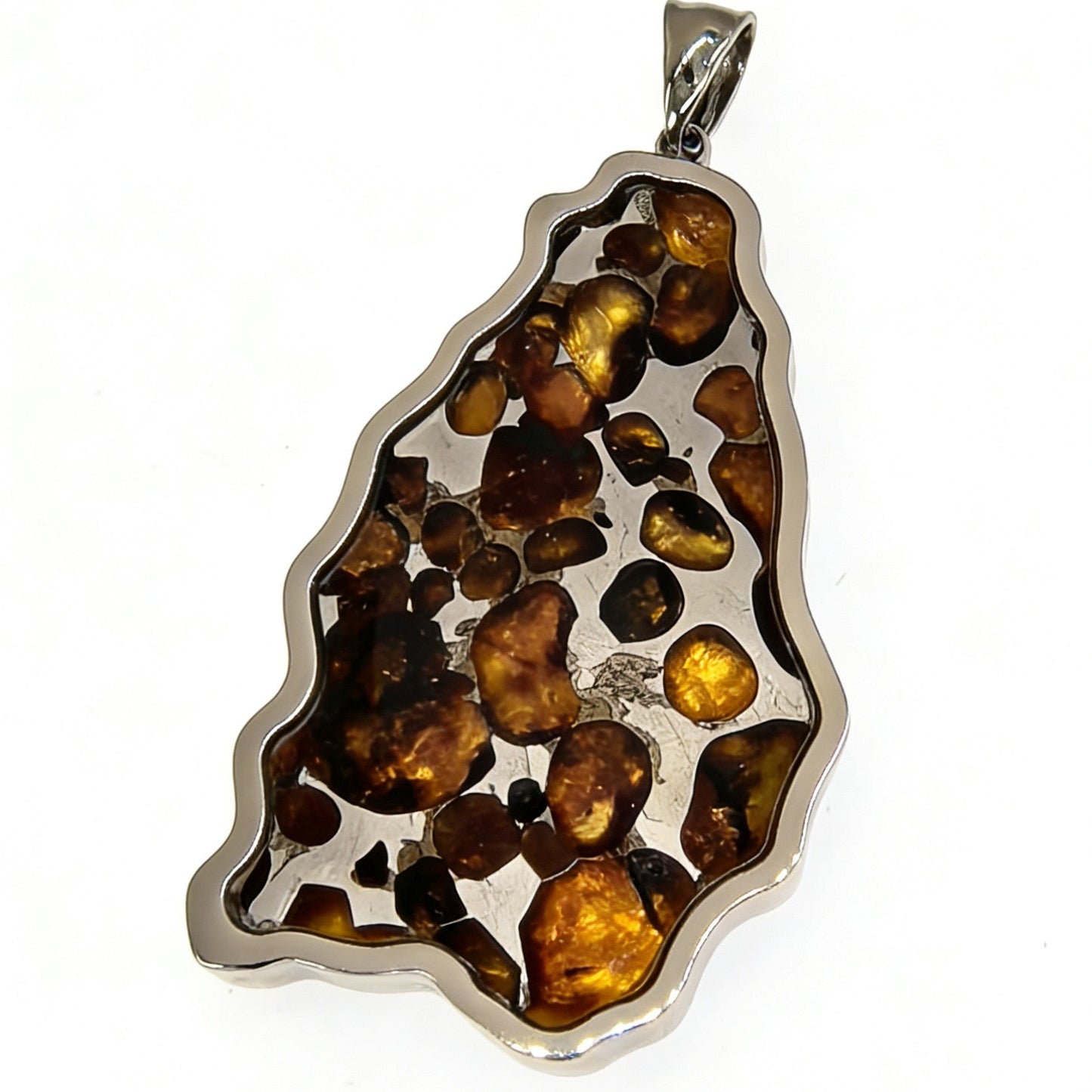 Pallasite Meteorite Pendant, Olive Green Crystal, Stainless Steel
