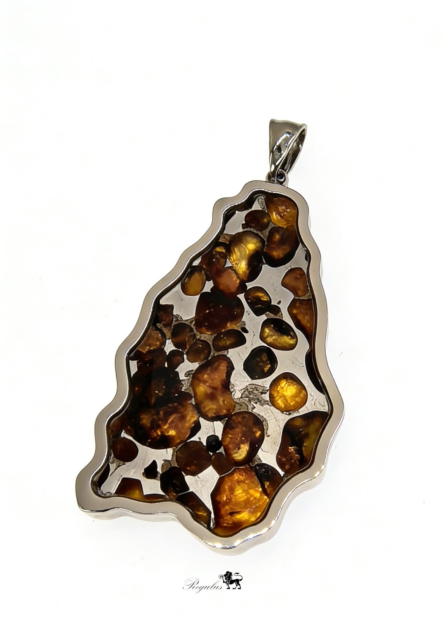Pallasite Meteorite Pendant, Olive Green Crystal, Stainless Steel