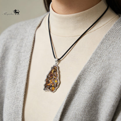 Pallasite Meteorite Pendant, Olive Green Crystal, Stainless Steel