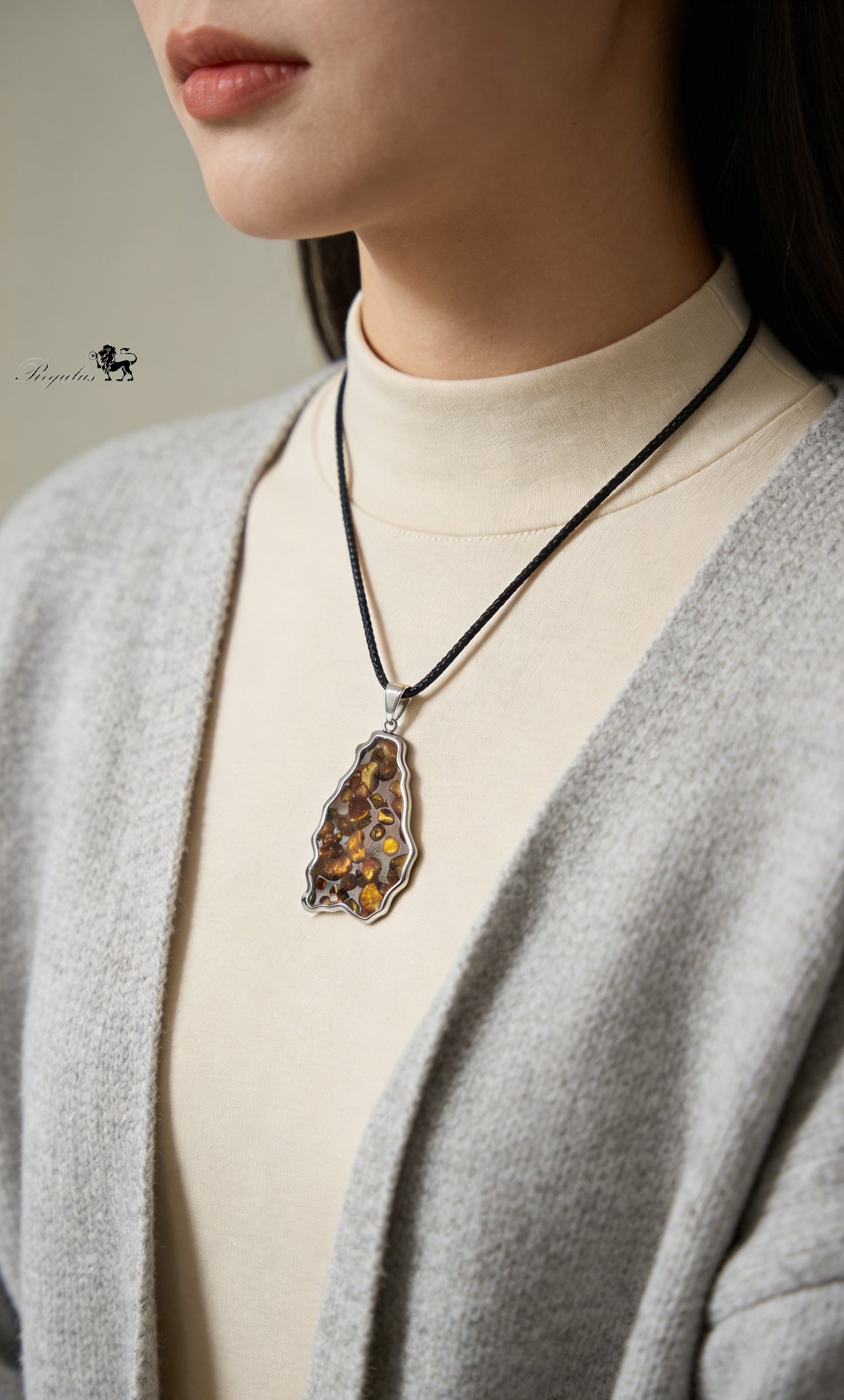 Pallasite Meteorite Pendant, Olive Green Crystal, Stainless Steel