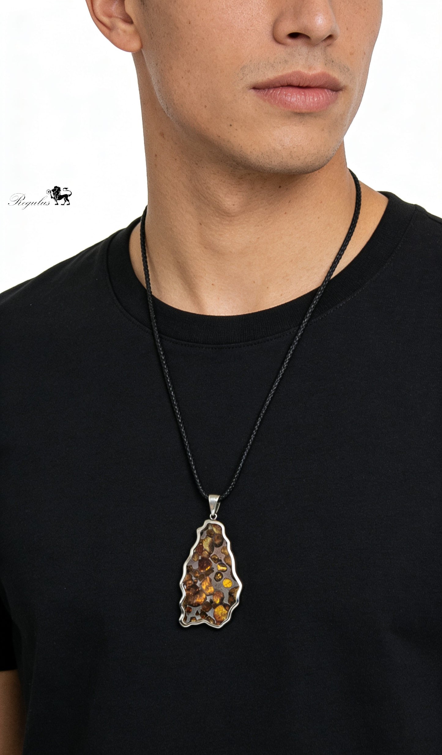 Pallasite Meteorite Pendant, Olive Green Crystal, Stainless Steel