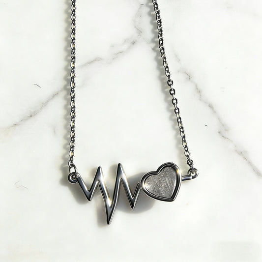 Minimalist Meteorite Heart Necklace,About 1.5 cm, ECG Heartbeat Design,Alloy & Meteorite Jewelry