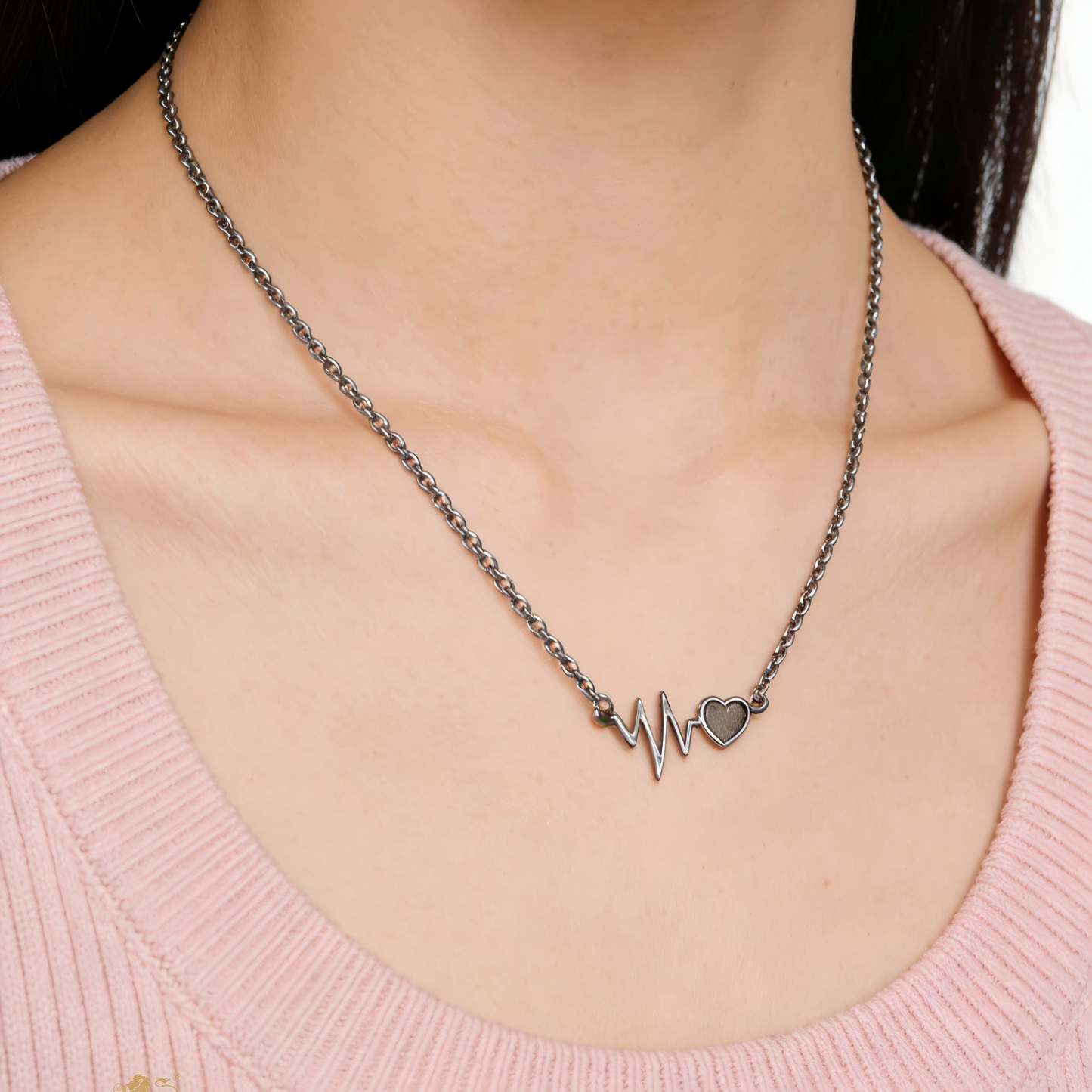 Minimalist Meteorite Heart Necklace,About 1.5 cm, ECG Heartbeat Design,Alloy & Meteorite Jewelry