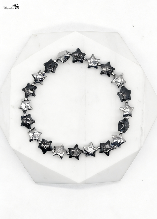 Iron Meteorite Star Bracelet, Cosmic Black Silver Jewelry, Widmanstätten Pattern