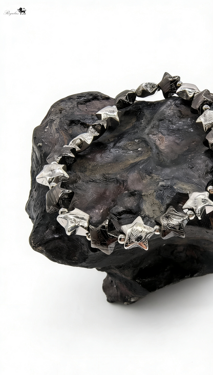 Iron Meteorite Star Bracelet, Cosmic Black Silver Jewelry, Widmanstätten Pattern