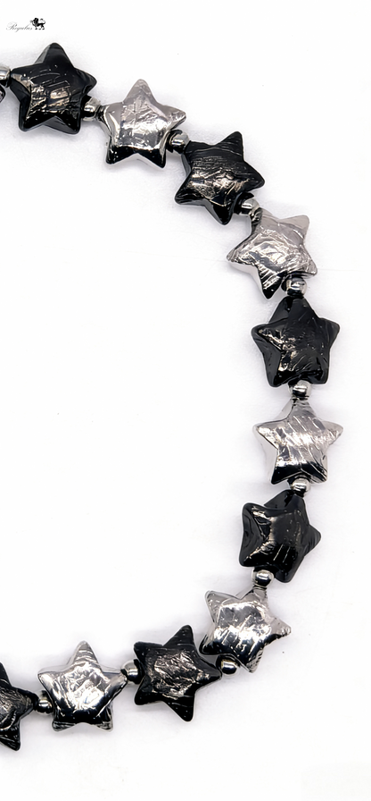 Iron Meteorite Star Bracelet, Cosmic Black Silver Jewelry, Widmanstätten Pattern