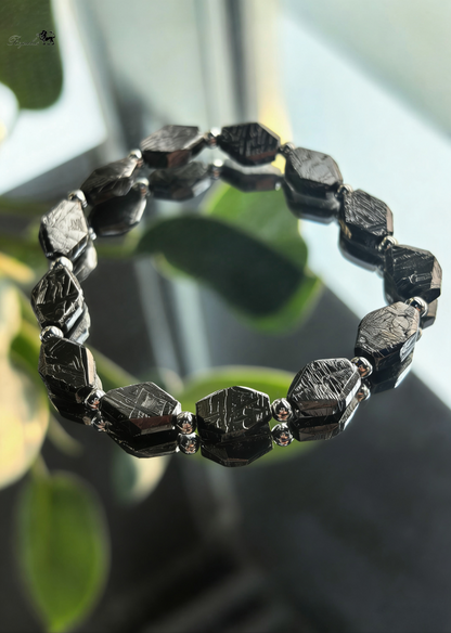 Iron Meteorite Bracelet, Widmanstätten Pattern, Diamond Cut Beads, Unisex Jewelry