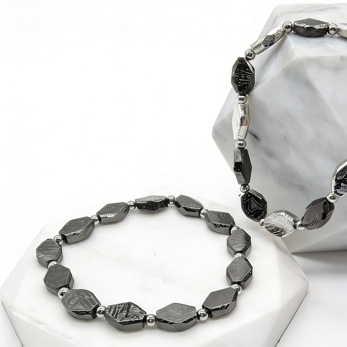 Iron Meteorite Bracelet, Widmanstätten Pattern, Diamond Cut Beads, Unisex Jewelry