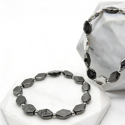 Iron Meteorite Bracelet, Widmanstätten Pattern, Diamond Cut Beads, Unisex Jewelry