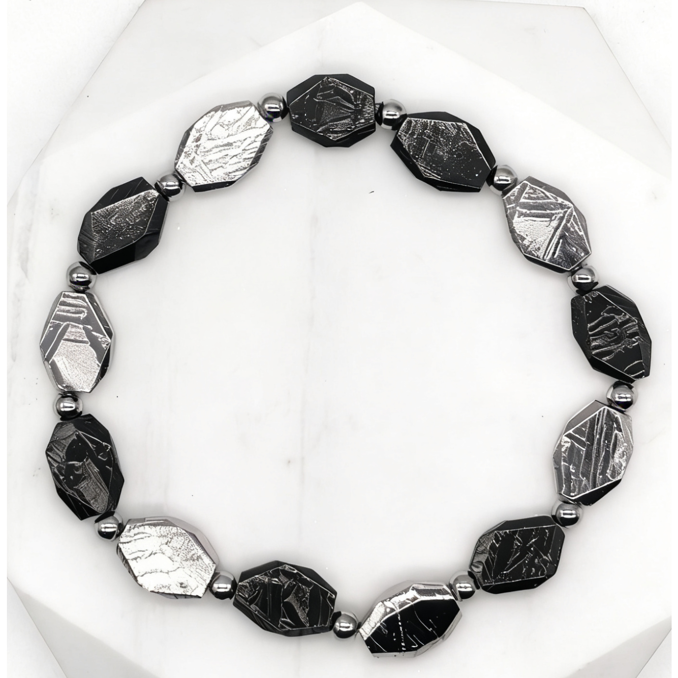 Iron Meteorite Bracelet, Widmanstätten Pattern, Diamond Cut Beads, Unisex Jewelry