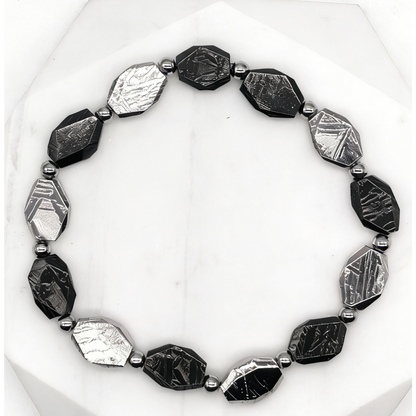 Iron Meteorite Bracelet, Widmanstätten Pattern, Diamond Cut Beads, Unisex Jewelry
