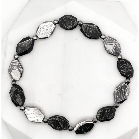 Iron Meteorite Bracelet, Widmanstätten Pattern, Diamond Cut Beads, Unisex Jewelry