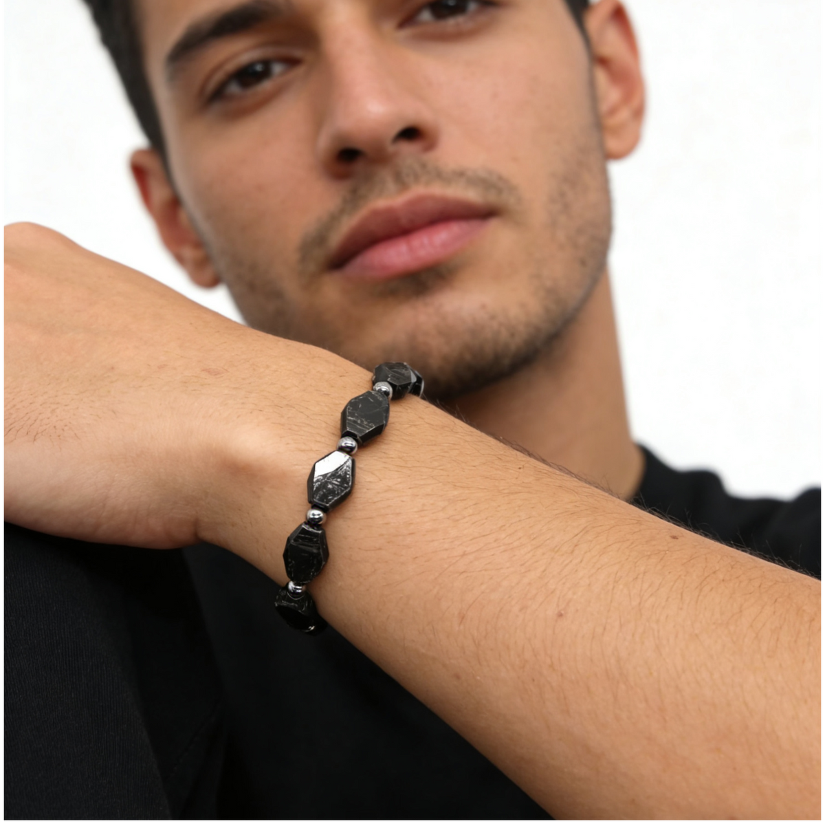 Iron Meteorite Bracelet, Widmanstätten Pattern, Diamond Cut Beads, Unisex Jewelry