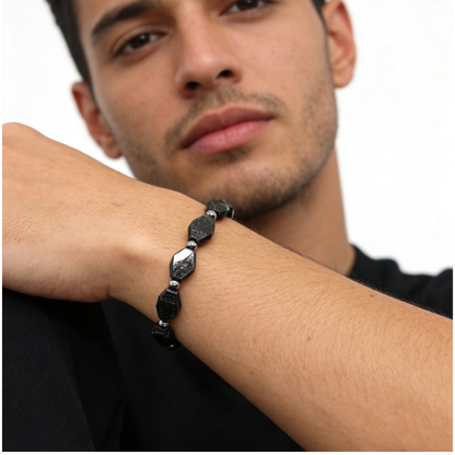Iron Meteorite Bracelet, Widmanstätten Pattern, Diamond Cut Beads, Unisex Jewelry