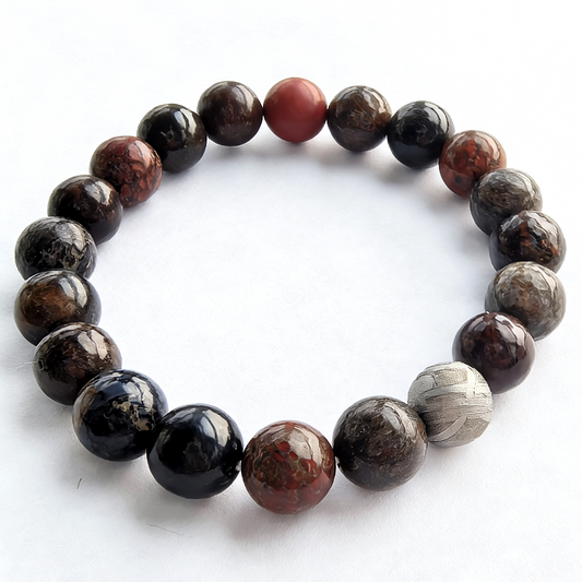10mm Dinosaur Bone Meteorite Bracelet, Cosmic Fossil Jewelry, Paleontology Astronomy Gift