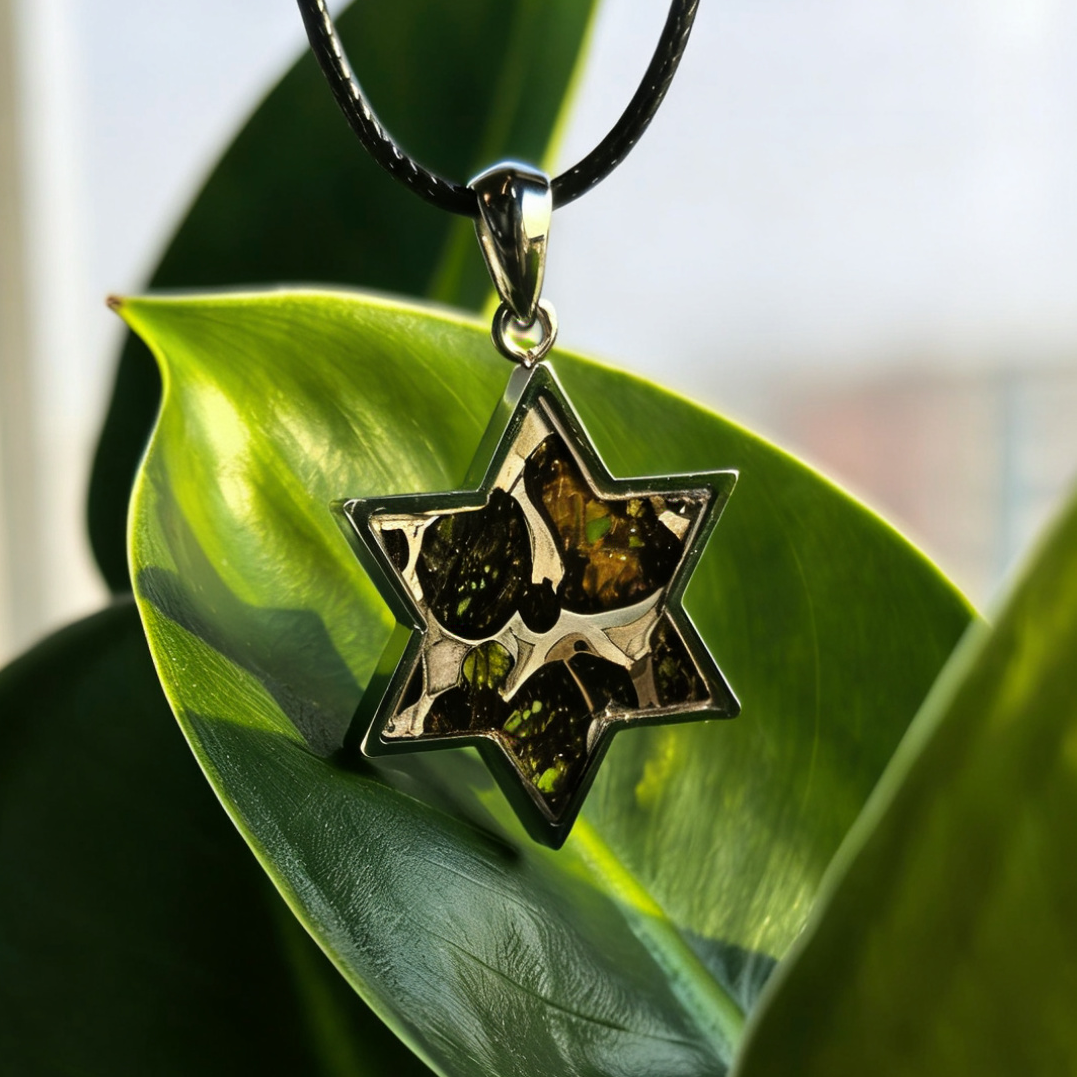 Pallasite Meteorite Star of David Pendant – Cosmic Olivine Crystal Necklace (2.7cm)