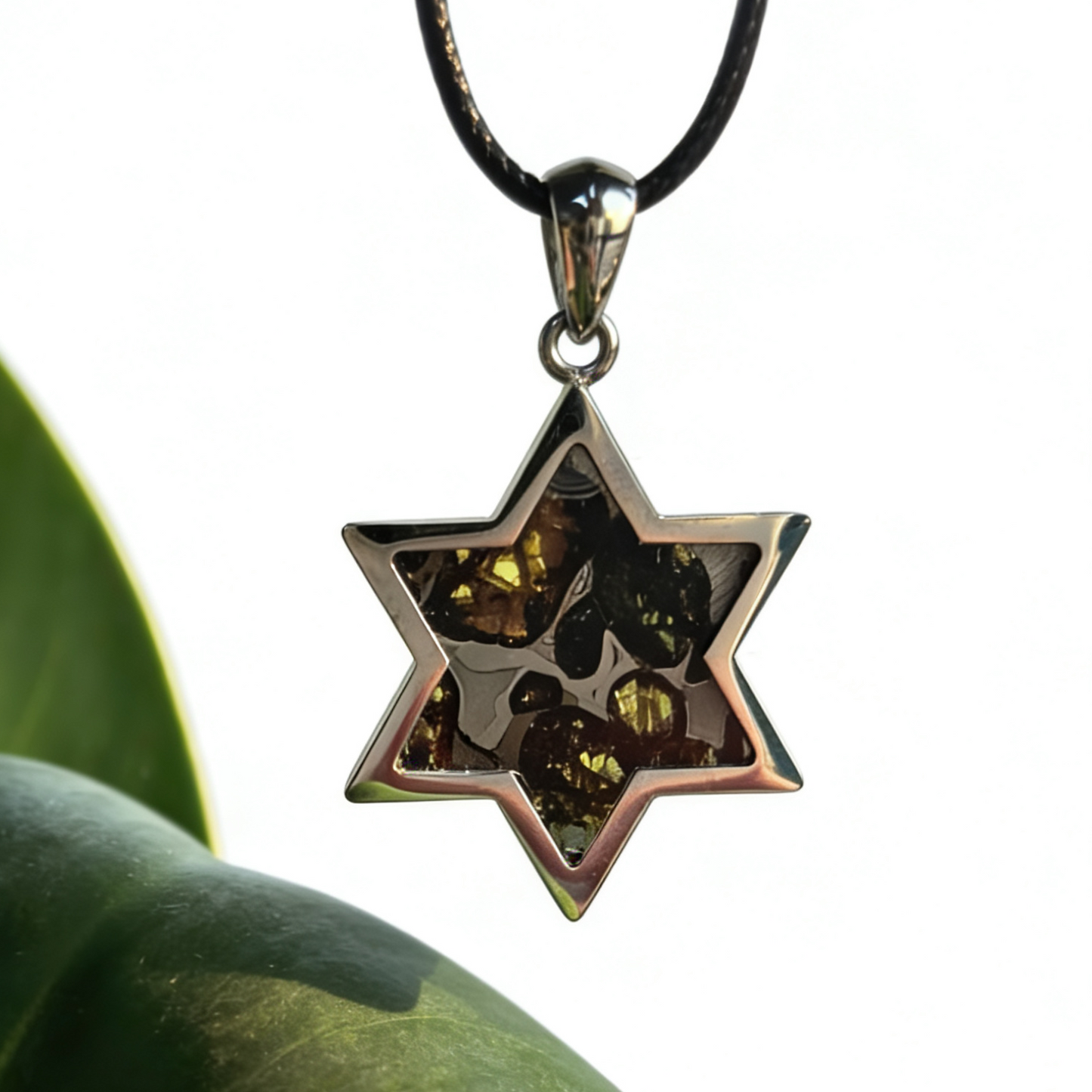 Pallasite Meteorite Star of David Pendant – Cosmic Olivine Crystal Necklace (2.7cm)