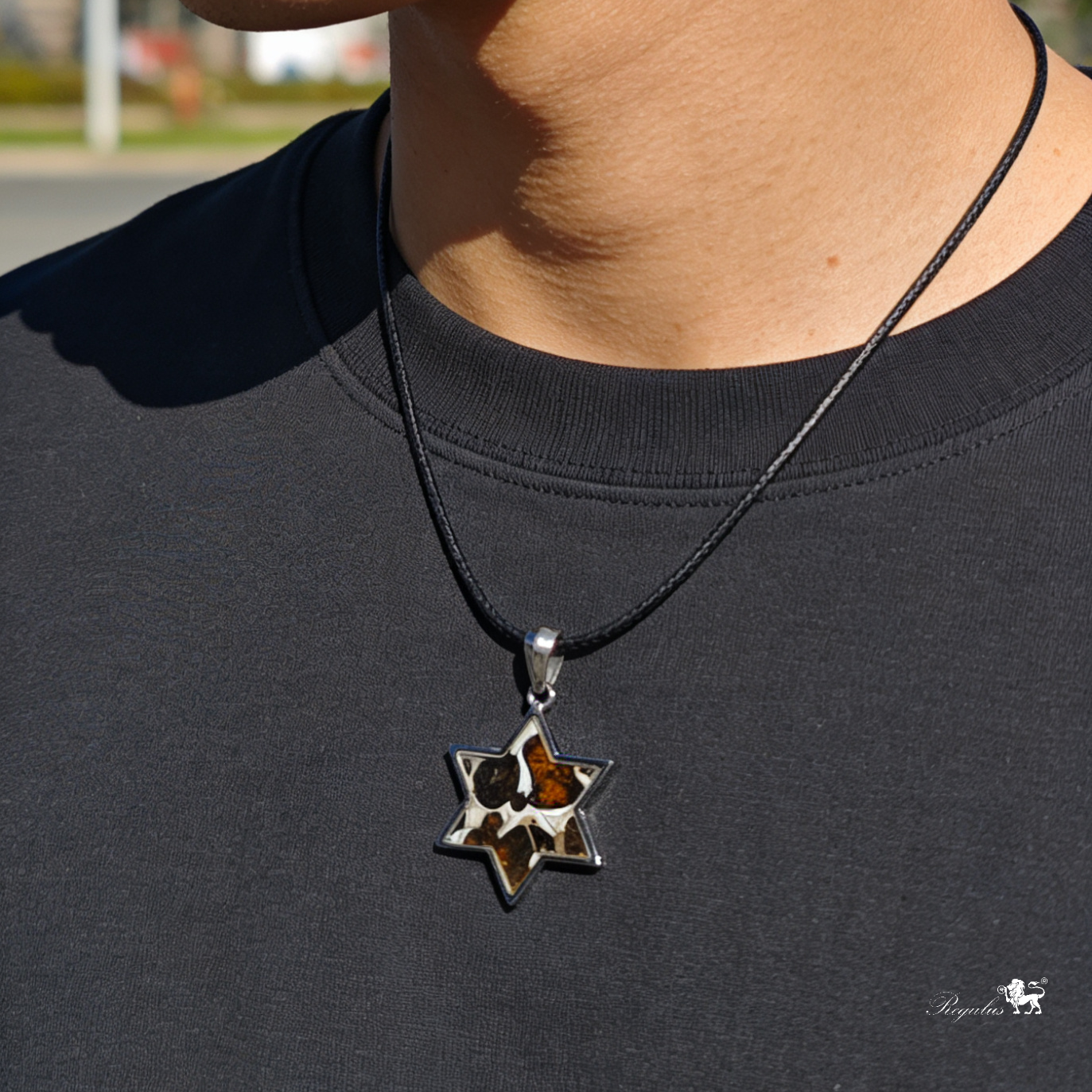 Pallasite Meteorite Star of David Pendant – Cosmic Olivine Crystal Necklace (2.7cm)