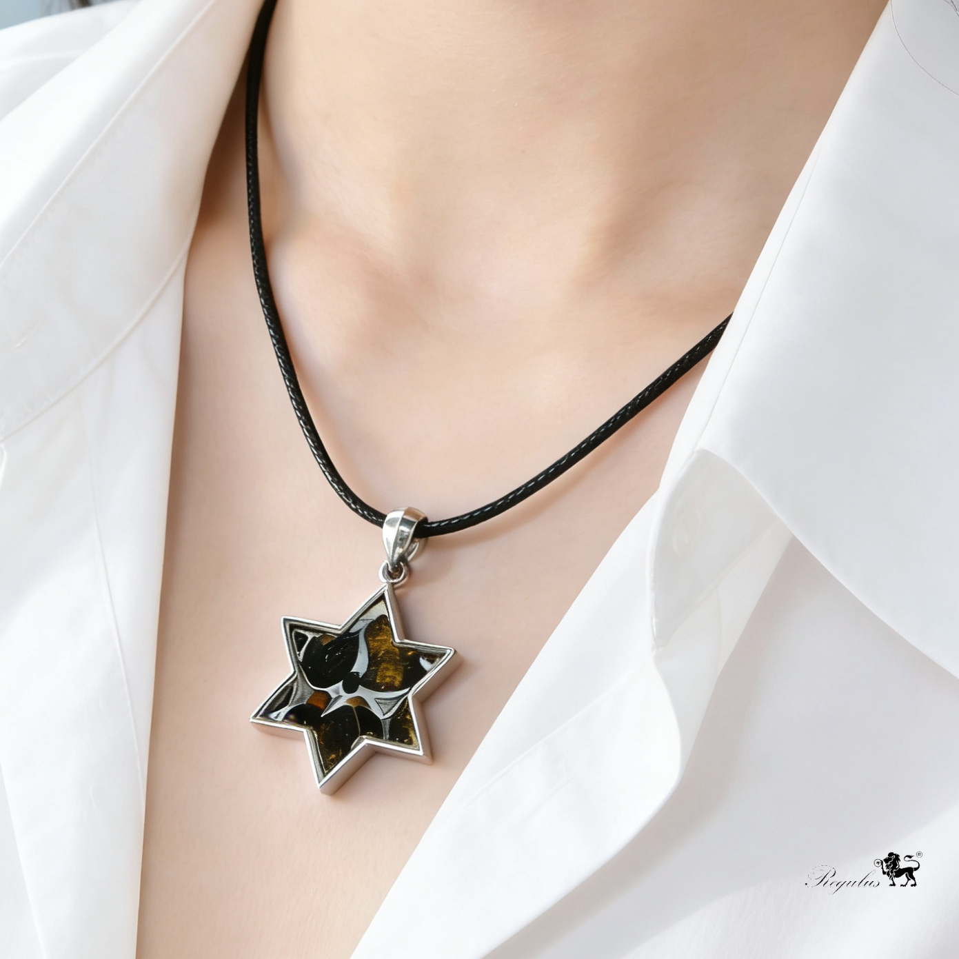 Pallasite Meteorite Star of David Pendant – Cosmic Olivine Crystal Necklace (2.7cm)