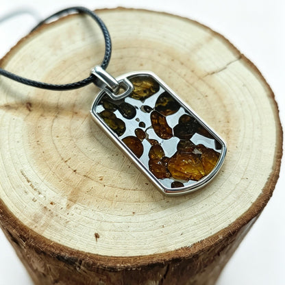 Natural Meteorite Pendant,Pallasite Square Dog Tag Necklace,Around 3.5*2cm,Unique Space Gemstone Jewelry for Men Women