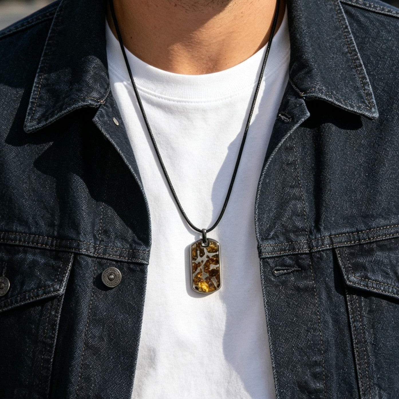 Natural Meteorite Pendant,Pallasite Square Dog Tag Necklace,Around 3.5*2cm,Unique Space Gemstone Jewelry for Men Women