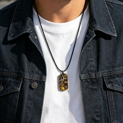 Natural Meteorite Pendant,Pallasite Square Dog Tag Necklace,Around 3.5*2cm,Unique Space Gemstone Jewelry for Men Women