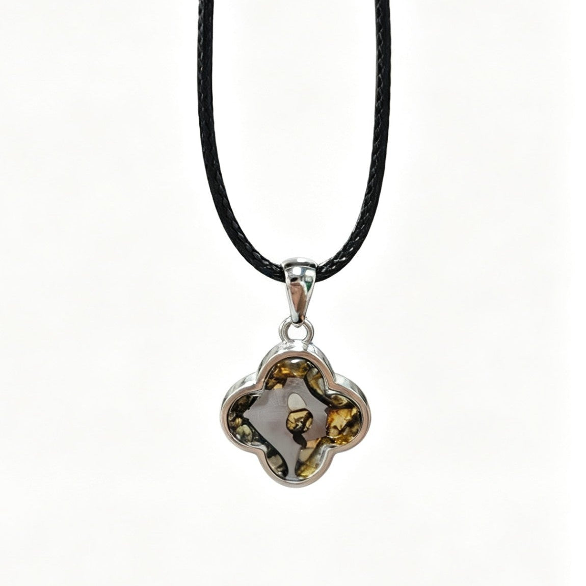 Real Meteorite Jewelry – Tiny 4 Leaf Clover Pendant (1.7cm), Pallasite meteorite in Stainless Steel, Unique Gift for Him Her