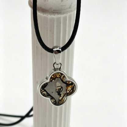 Real Meteorite Jewelry – Tiny 4 Leaf Clover Pendant (1.7cm), Pallasite meteorite in Stainless Steel, Unique Gift for Him Her