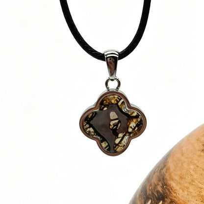 Real Meteorite Jewelry – Tiny 4 Leaf Clover Pendant (1.7cm), Pallasite meteorite in Stainless Steel, Unique Gift for Him Her