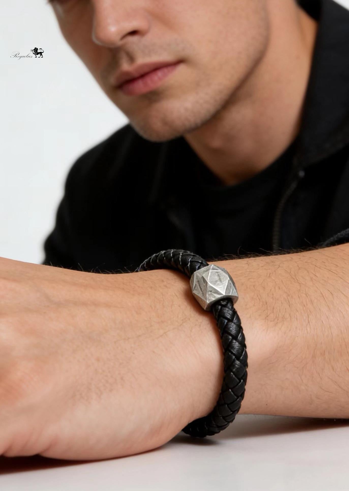 Vintage Braided Leather Meteorite Bracelet, Magnetic Clasp (21cm)