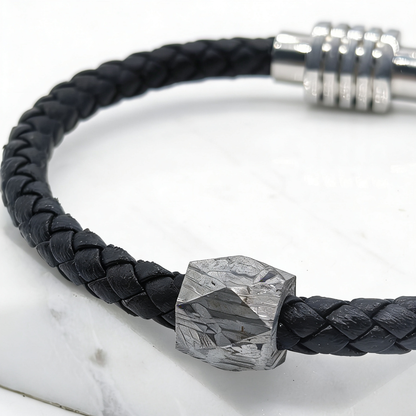 Vintage Braided Leather Meteorite Bracelet, Magnetic Clasp (21cm)