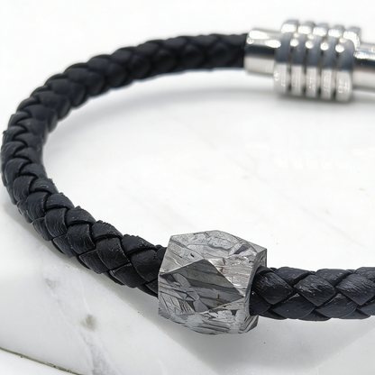 Vintage Braided Leather Meteorite Bracelet, Magnetic Clasp (21cm)