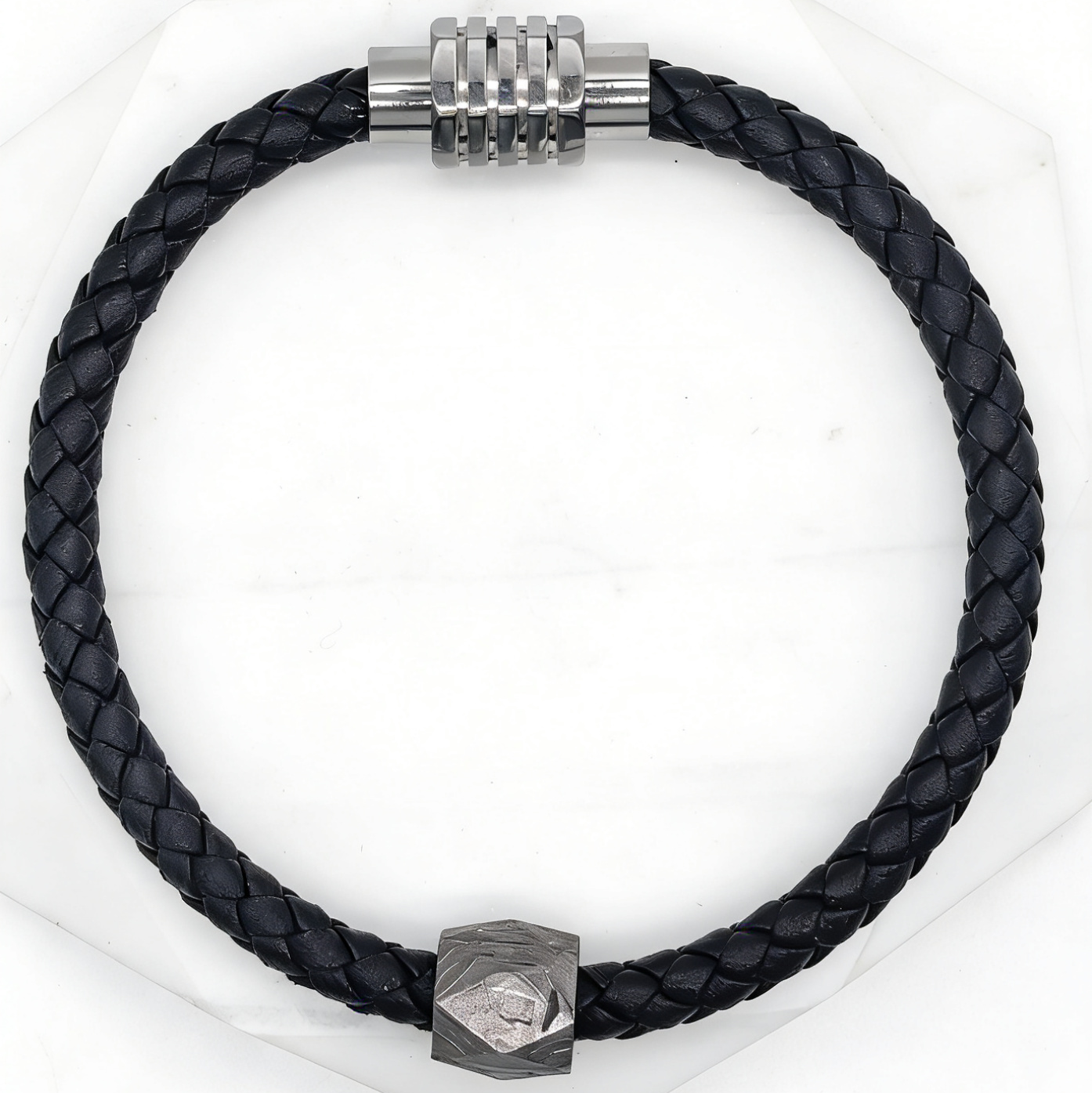 Vintage Braided Leather Meteorite Bracelet, Magnetic Clasp (21cm)