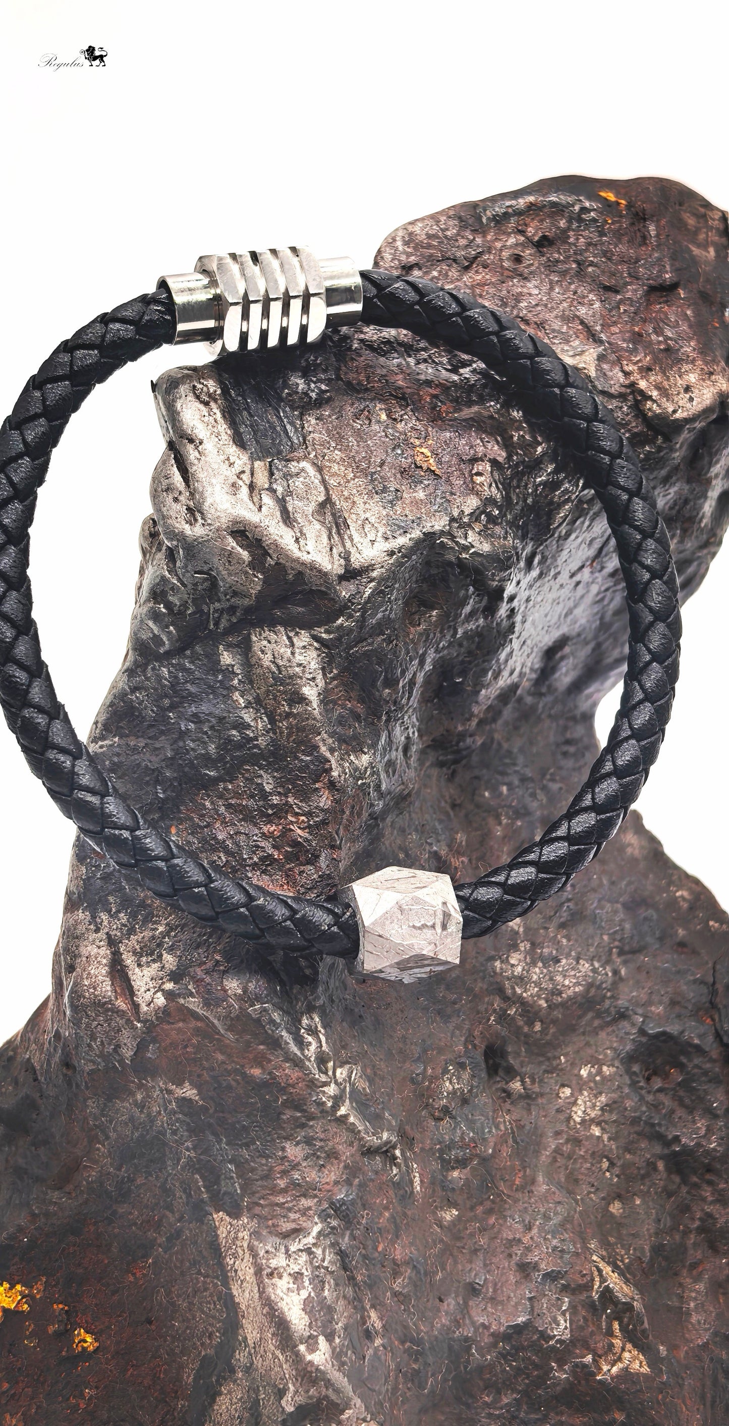 Vintage Braided Leather Meteorite Bracelet, Magnetic Clasp (21cm)