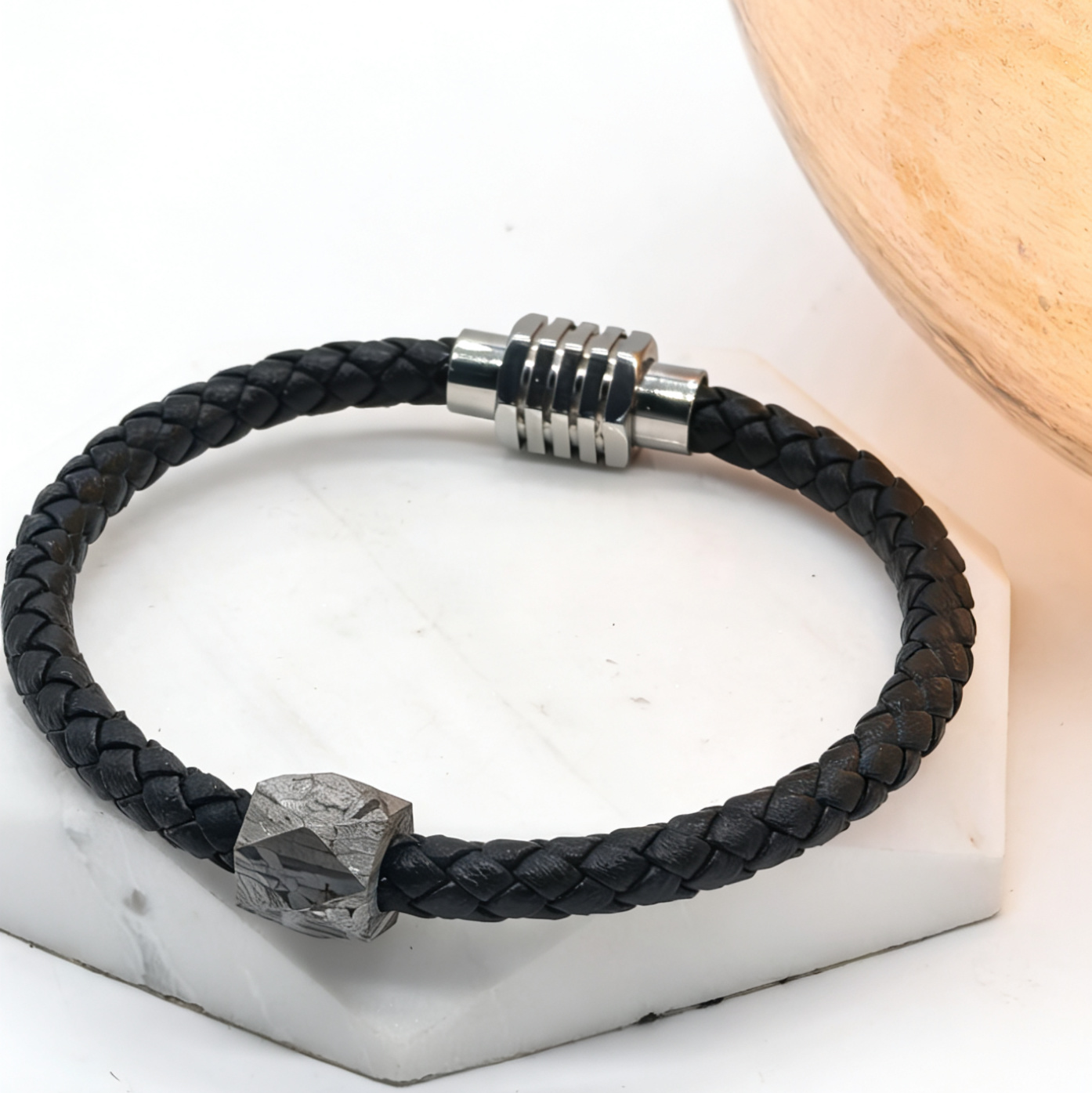 Vintage Braided Leather Meteorite Bracelet, Magnetic Clasp (21cm)