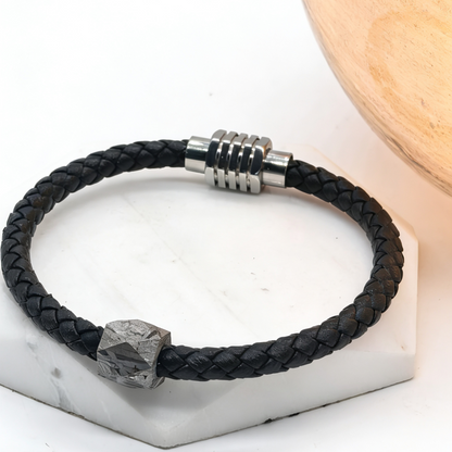 Vintage Braided Leather Meteorite Bracelet, Magnetic Clasp (21cm)