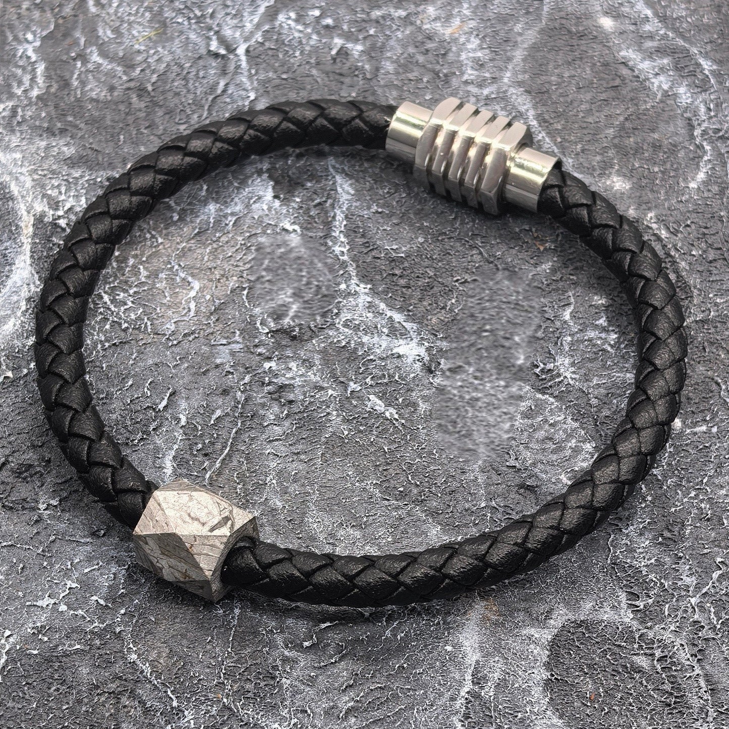 Vintage Braided Leather Meteorite Bracelet, Magnetic Clasp (21cm)