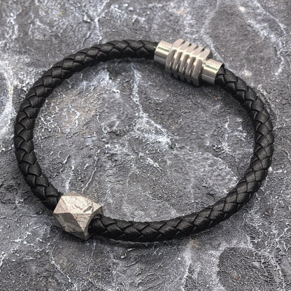 Vintage Braided Leather Meteorite Bracelet, Magnetic Clasp (21cm)