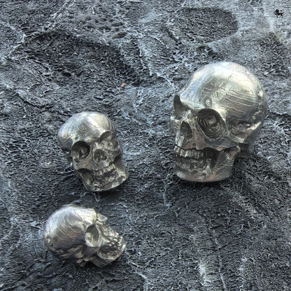 Real Meteorite Skull – Iron Meteorite Carving with Natural Etched Pattern, Dark Academia Desk Decor, Cosmic Skeleton Art