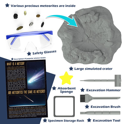 Dig Kit,Children's Toys,Holiday Gifts,Real Meteorite Specimens Including Tektite, Stone Meteorites,Iron Meteorites,STEM Toys